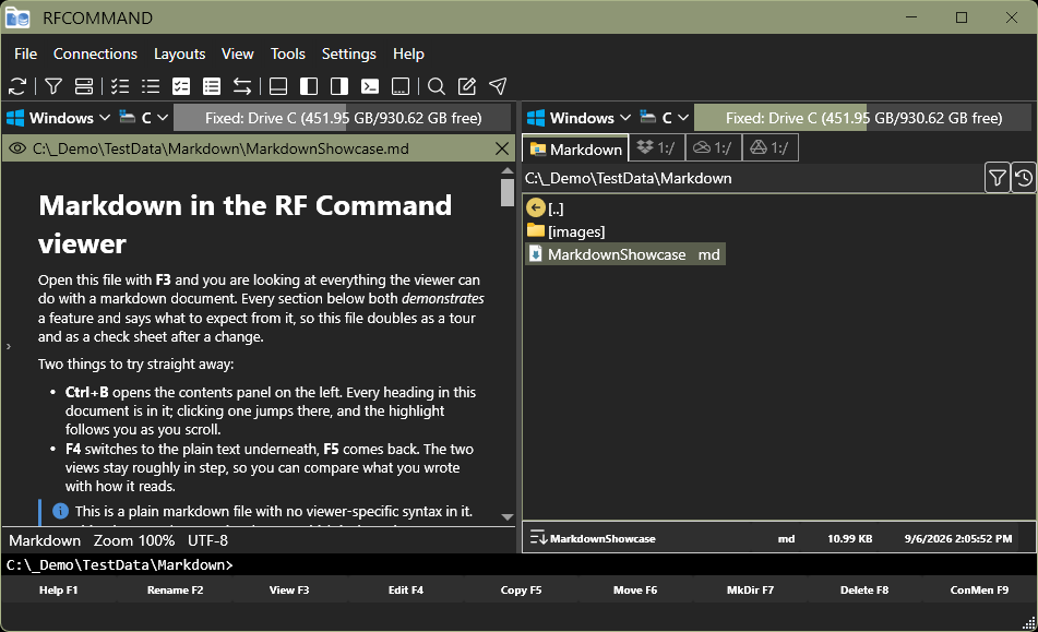 RFCommand in the sage theme, reading a markdown document beside the folder that holds it