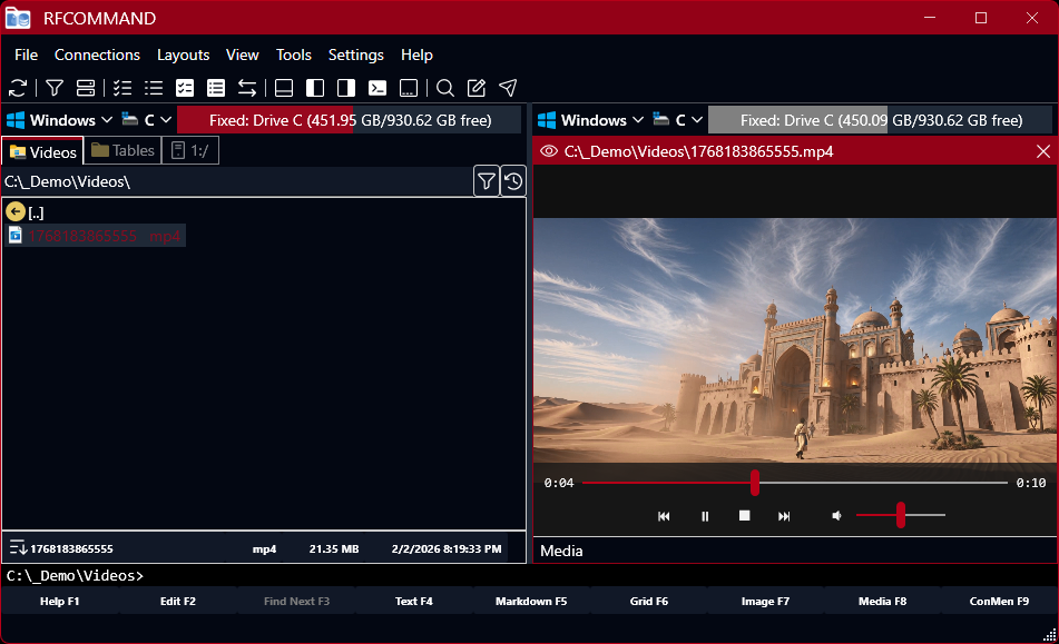 RFCommand in the red theme, playing a video in the preview panel beside the folder it came from