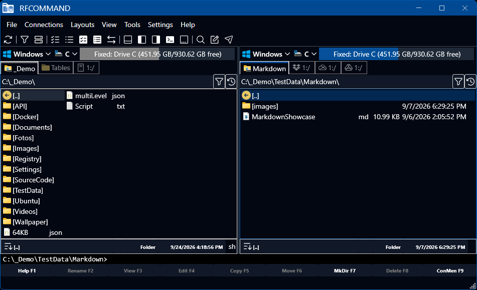 RFCommand in the blue theme, with a folder open in each of its two panels