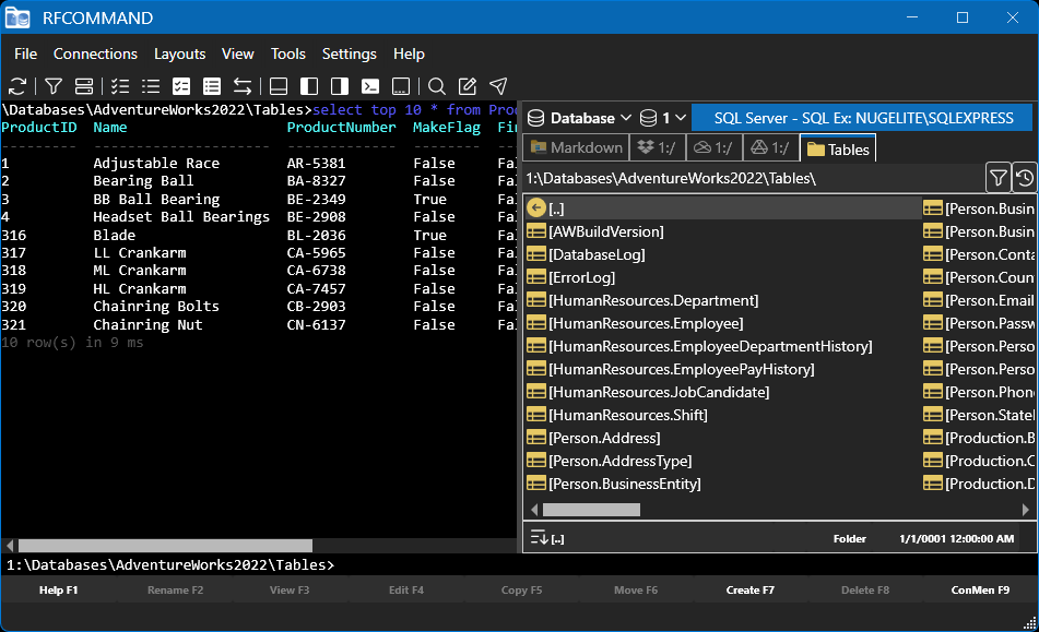RFCommand in the blue theme, showing a SQL query's results in the console beside the database tables it ran against